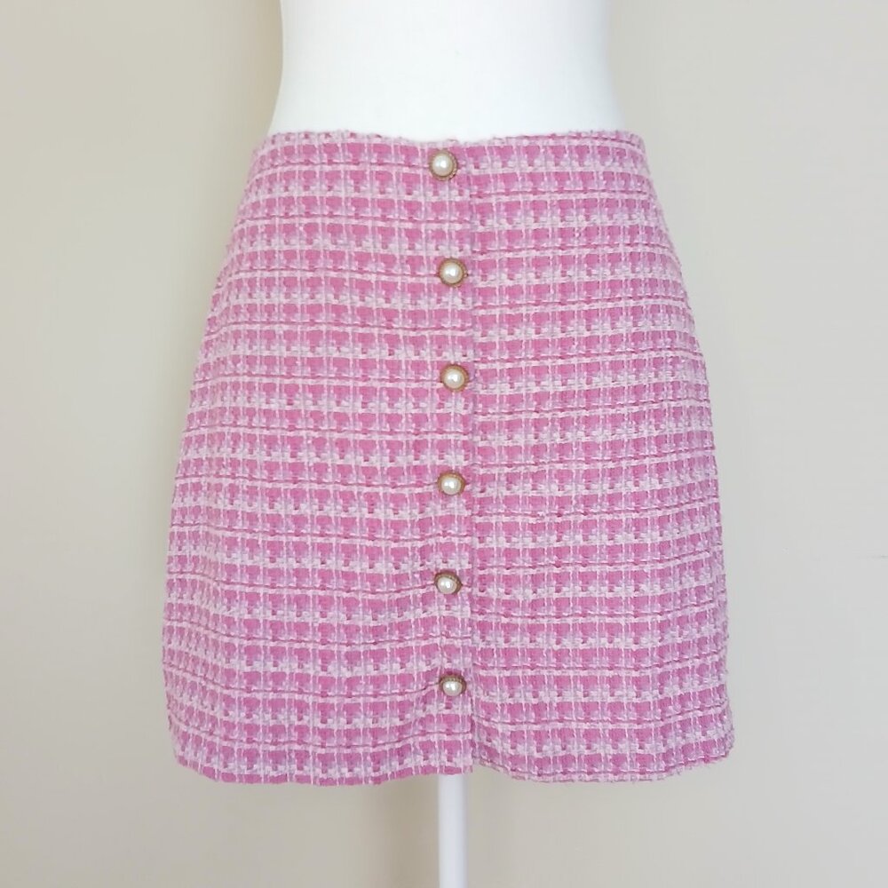 Pearl-Button Pink Tweed Mini Skirt